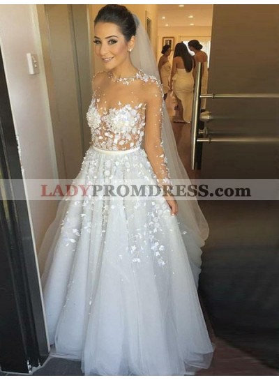A Line/Princess Long Sleeves Tulle With Floral Long Wedding Dresses / Bridal Gowns 2023
