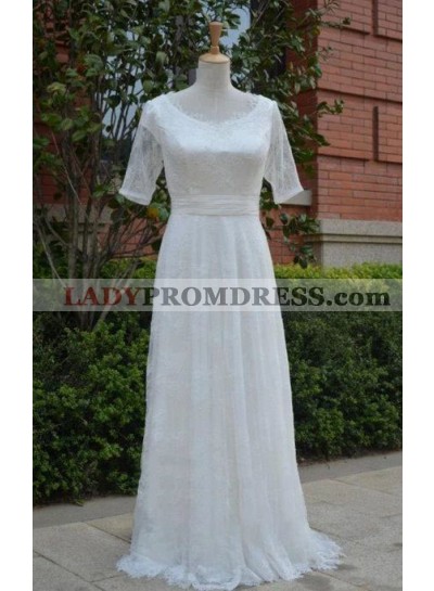 Cheap A Line/Princess Floor Length Long Round Neck Short Sleeves Lace Wedding Dresses / Bridal Gowns 2023
