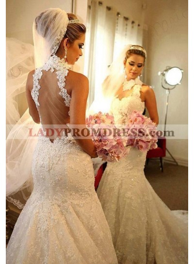 2023 Luxury High Neck Mermaid/Trumpet Backless Lace Long Wedding Dresses / Bridal Gowns