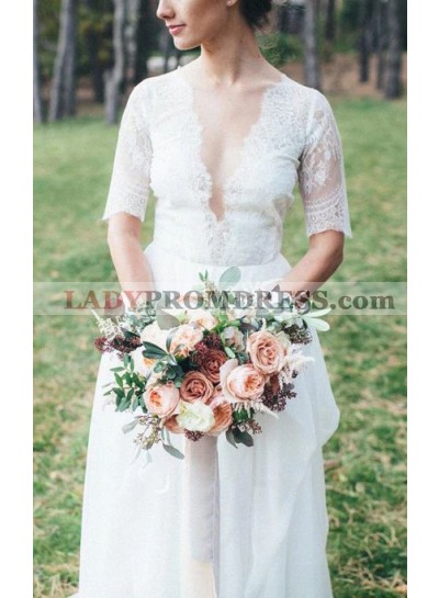 2023 New Arrival A Line/Princess Chiffon Long Sleeves V Neck Lace Wedding Dresses / Bridal Gowns