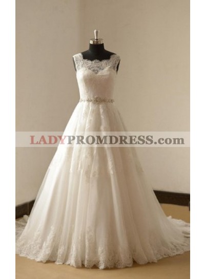 2023 Elegant A Line/Princess Sweetheart Beaded Sash Lace Long Wedding Dresses / Bridal Gowns