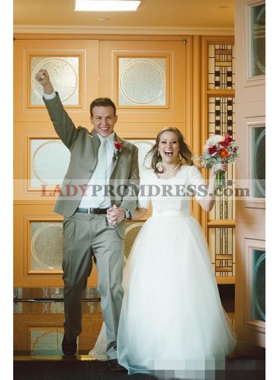 Classic A Line/Princess Half Sleeves Round Neck Tulle Belt A Line/Princess Wedding Dresses / Bridal Gowns 2023