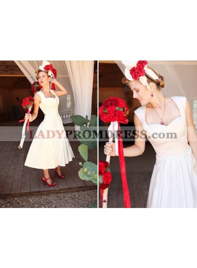 Cheap 2023 A Line/Princess Satin Tea Length Capped Sleeves Short Wedding Dresses / Bridal Gowns