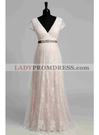 2023 New Arrival A Line/Princess V Neck Capped Sleeves Blushing Pink Lace Maternity Wedding Dresses / Bridal Gowns With Belt 
