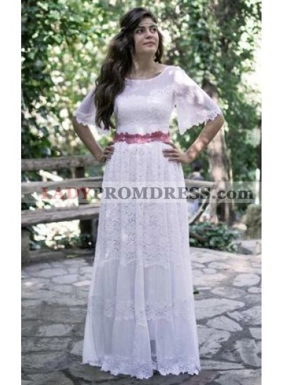 2023 Newly A Line/Princess Half Sleeves Round Neck Pleated Beach Wedding Dresses / Bridal Gowns With Belt
