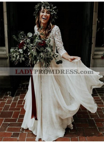 2023 New Arrival A Line/Princess Chiffon Long Sleeves Lace Two Pieces Beach Wedding Dresses / Bridal Gowns