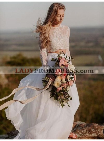 2023 Elegant A Line/Princess Chiffon Long Sleeves Lace Two Pieces Beach Wedding Dresses / Bridal Gowns