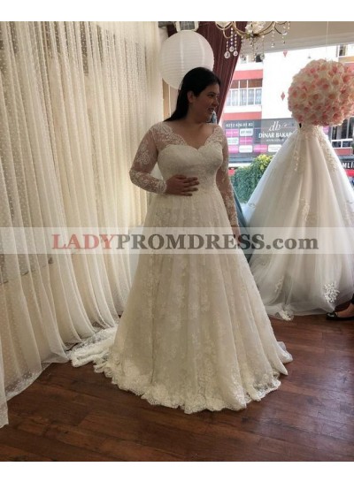2023 Charming A Line/Princess Long Sleeves V Neck High Waist Lace Wedding Dresses / Bridal Gowns
