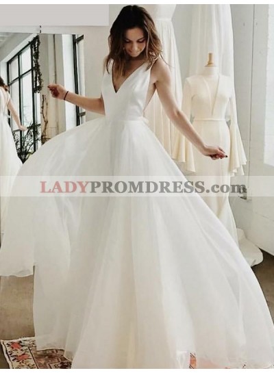 2023 New Arrival A Line/Princess V Neck Chiffon Backless Floor Length Long Beach Wedding Dresses / Bridal Gowns