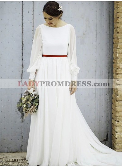 Classic A Line/Princess Chiffon Long Sleeves Round Neck Backless Wedding Dresses / Bridal Gowns With Belt 2023