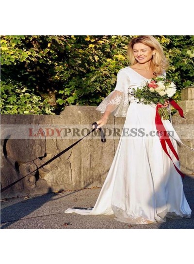2023 Classic A Line/Princess Round Neck Backless Elastic Satin Lace Beach Wedding Dresses / Bridal Gowns