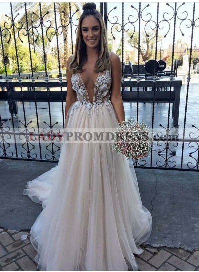 2023 New Arrival A Line/Princess Deep V Neck Beaded Tulle Champagne Wedding Dresses / Bridal Gowns