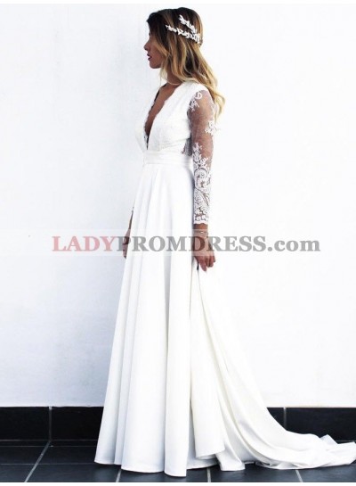 Cheap A Line/Princess Satin Deep V Neck Long Sleeves Lace Wedding Dresses / Bridal Gowns 2023