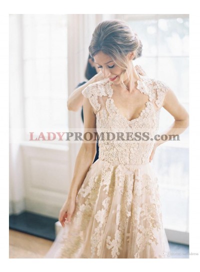 2023 Elegant A Line/Princess Capped Sleeves Tulle With Appliques Floor Length Long Champagne Wedding Dresses / Bridal Gowns