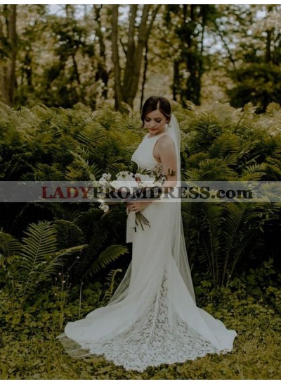 2023 Elegant Sheath Elastic Satin Crew Neck  Lace Beach Wedding Dresses / Bridal Gowns