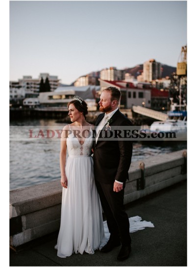 2022 Cheap A Line/Princess Chiffon V Neck Lace Backless Long Beach Wedding Dresses / Bridal Gowns