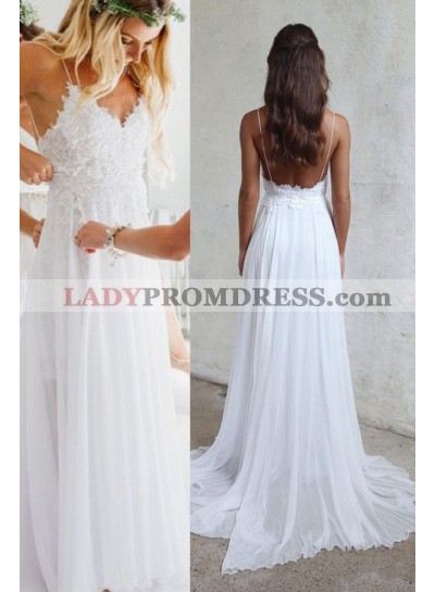 2023 Cheap A Line/Princess Chiffon Lace Sweetheart Spaghetti Straps Backless Beach Wedding Dresses / Bridal Gowns