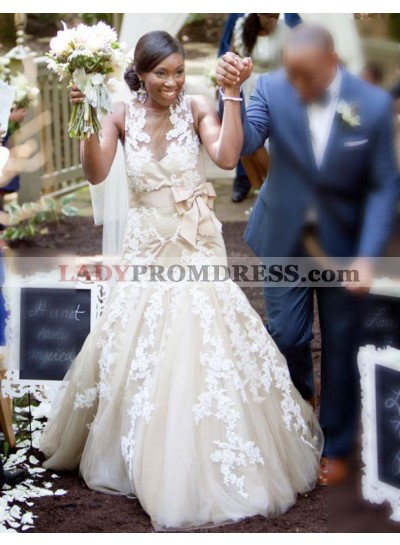 2023 Classic Sheath Champagne Tulle With Applique Bowknot South African Wedding Dresses / Bridal Gowns