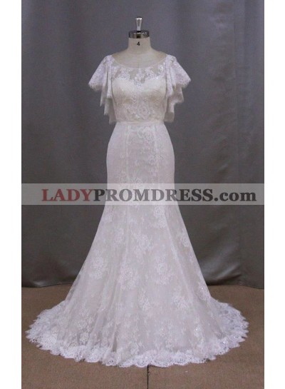 2022 Charming Mermaid/Trumpet Round Neck Capped Sleeves Lace Detachable Sleeves Wedding Dresses / Bridal Gowns