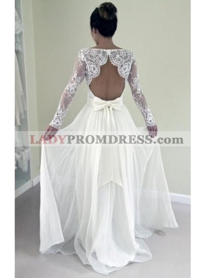 2023 Cheap A Line/Princess White Long Sleeves Lace Backless Round Neck Beach Wedding Dresses / Bridal Gowns