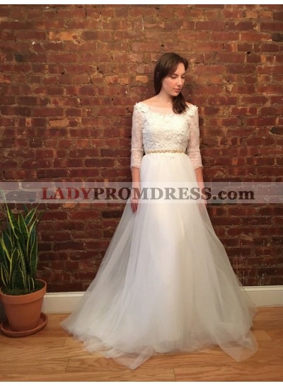 New Arrival 2023 A Line/Princess Tulle Round Neck Long Sleeves Lace Beaded Sash Long Wedding Dresses / Bridal Gowns