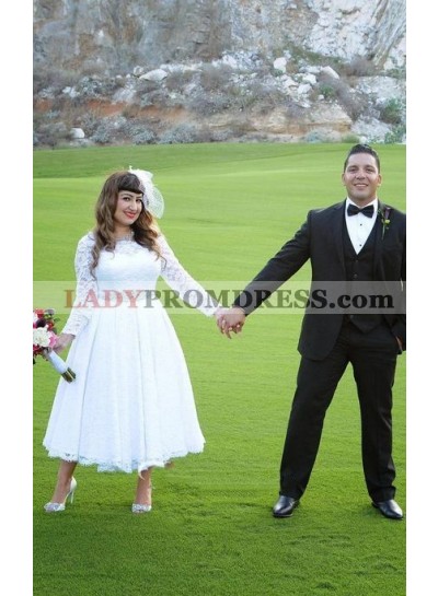 Cheap A Line/Princess Long Sleeves Tea Length Beaded Sash 2023 Short Lace Wedding Dresses / Bridal Gowns