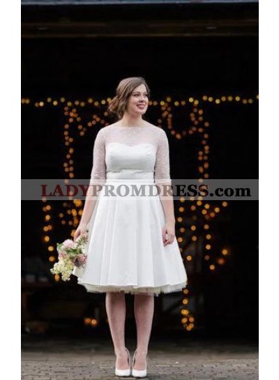 2023 Cheap A Line/Princess Satin Half Sleeves Tea Length Short Wedding Dresses / Bridal Gowns