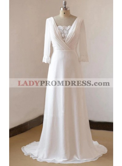 2022 Cheap A Line/Princess Chiffon Backless Long Sleeves Beach Wedding Dresses / Bridal Gowns