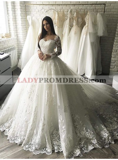 2023 Charming Long Sleeves Bateau Lace Princess Ball Gown Wedding Dresses / Bridal Gowns