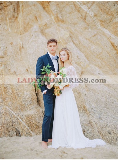 2023 Cheap A Line/Princess Chiffon Long Sleeves Lace Buttons Sweetheart Beach Wedding Dresses / Bridal Gowns