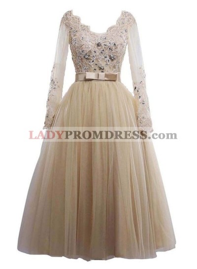 Classic A Line/Princess Long Sleeves Champagne Bowknot Sash Tea Length Short Wedding Dresses / Bridal Gowns With Beads