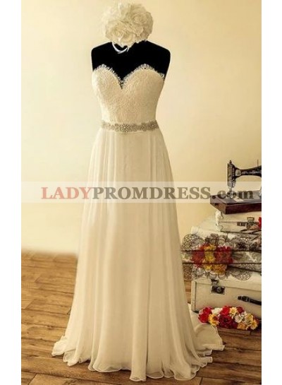 Elegant A Line/Princess Sweetheart Chiffon Lace Beaded Sash Beach Wedding Dresses / Bridal Gowns 2023