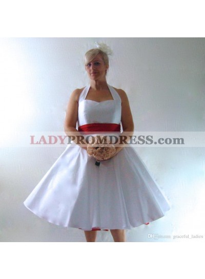 2023 Classic A Line/Princess Satin Halter Sweetheart Tea Length Short Anniversary Wedding Dresses / Bridal Gowns 