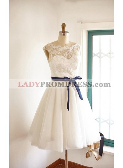 2023 Cheap A Line/Princess Sweetheart  Tea Length Lace Blue Bowknot Short Wedding Dresses / Bridal Gowns