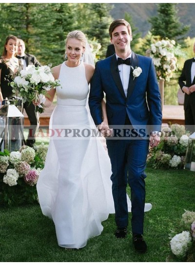 2023 Charming Sheath Scoop White Satin Backless Long Wedding Dresses / Bridal Gowns