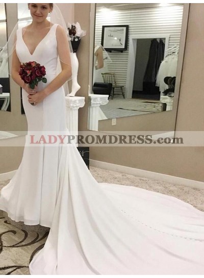 Charming Mermaid/Trumpet V Neck Chiffon Backless Long Beach Wedding Dresses / Bridal Gowns 2023