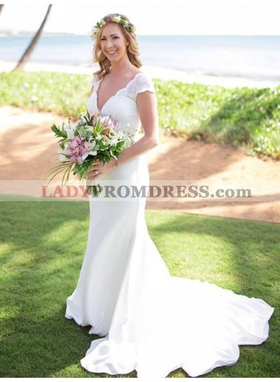 Charming Sweetheart Satin Long Backless Capped Sleeves Beach Wedding Dresses / Bridal Gowns 2023