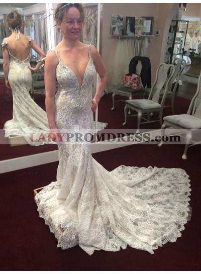 Sexy Mermaid/Trumpet Deep V Neck Beaded Backless Long Lace Wedding Dresses / Bridal Gowns 2023