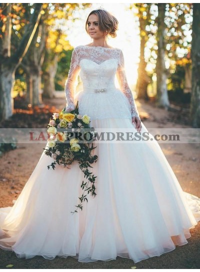 2023 Charming Long Sleeves Backless Organza Lace Beaded Sash Princess Ball Gown Wedding Dresses / Bridal Gowns