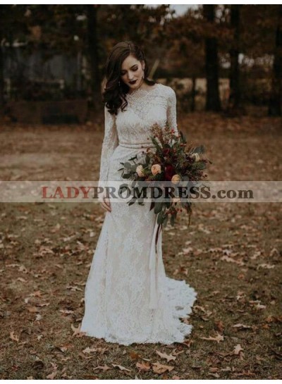 2022 Sexy Sheath Long Sleeves Backless Lace Charming Wedding Dresses / Bridal Gowns