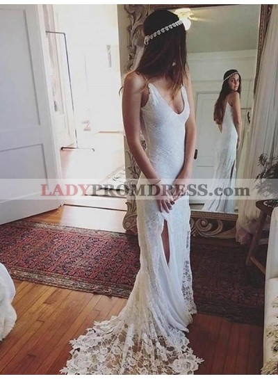 2022 Charming Lace Sheath Side Slit Scoop Long Beach Wedding Dresses / Bridal Gowns
