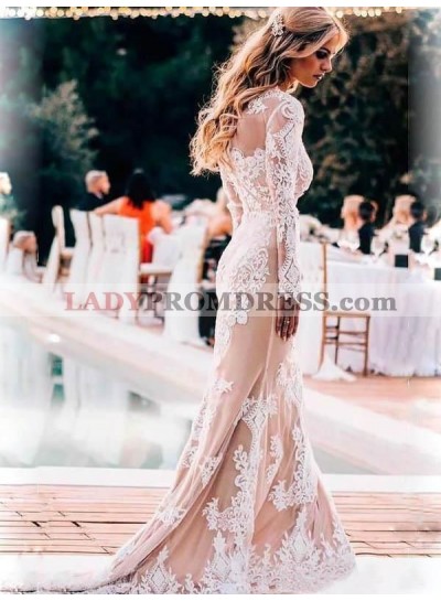2023 New Arrival Sheath Scoop Champagne With Appliques Long Sleeves Wedding Dresses / Bridal Gowns