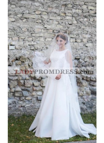 2023 Cheap A Line/Princess Satin Scoop Sleeveless Long Wedding Dresses / Bridal Gowns