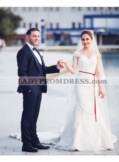 2023 New Arrival Mermaid/Trumpet Capped Sleeves Red Sash Lace Wedding Dresses / Bridal Gowns