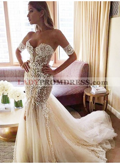 2023 Sexy Mermaid/Trumpet Tulle Off Shoulder Tulle Backless Sweetheart Wedding Dresses / Bridal Gowns