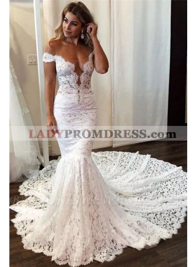 2022 New Arrival Mermaid/Trumpet Off Shoulder Lace Front Slit Wedding Dresses / Bridal Gowns