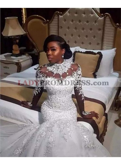 2023 Sexy Mermaid/Trumpet High Neck Luxury Long African American Wedding Dresses / Bridal Gowns