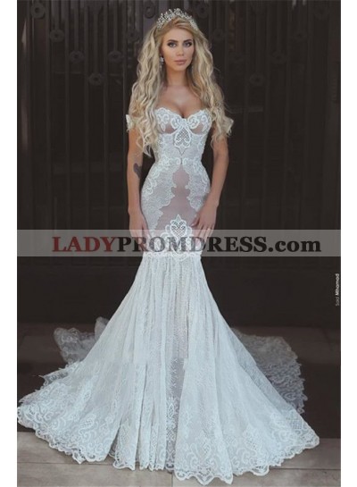 2023 Sexy Mermaid/Trumpet Sweetheart Off Shoulder Lace Up Back Lace Wedding Dresses / Bridal Gowns