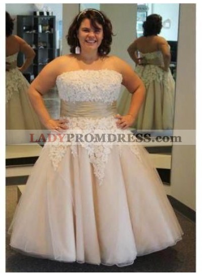 2023 Cheap A Line/Princess Strapless Champagne Tulle Tea Length Short Wedding Dresses / Bridal Gowns
