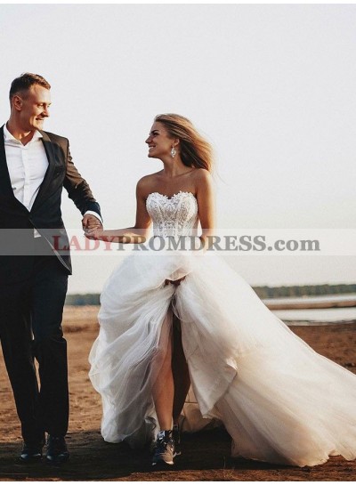 Amazing A Line/Princess Tulle Sweetheart Lace Long Beach Wedding Dresses / Bridal Gowns 2023 